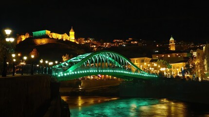 A vibrant night scene of a bridge illuminated in green, with a historic fortress in the background.
