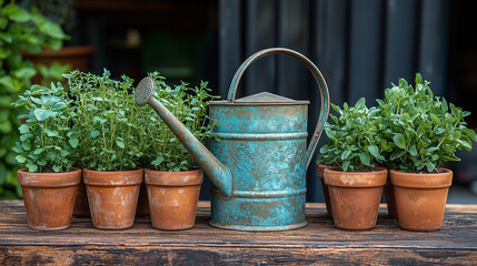 Fototapeta premium Rustic Charm: A weathered teal watering can sits amidst terracotta pots brimming with vibrant herbs, creating a scene of idyllic gardening tranquility.