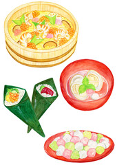 描き水彩イラスト ひなまつり料理セット / Hand-drawn Watercolor Illustration Hinamatsuri Food Set