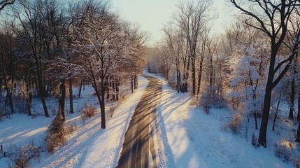 Scenic Winter Road in Snow-Covered Forest with Sunlight, Captivating Aerial View of Serene Landscape and Beautiful Nature in Cold Season