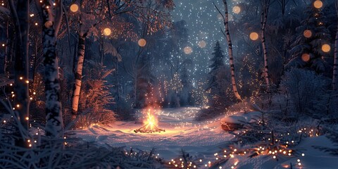Campfire in a Winter Forest with Stars and Fairy Lights 