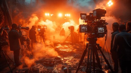 Fototapeta premium cinematic film crew studio set professional video production behind scenes lights camera action