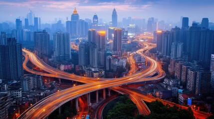Urban Cityscape at Dusk with Vibrant Lights and Busy Highways Intersecting Over Modern Skyline in a Metropolis