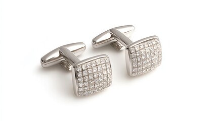 Elegant silver cufflinks with diamond-like embellishments, perfect for formal attire.