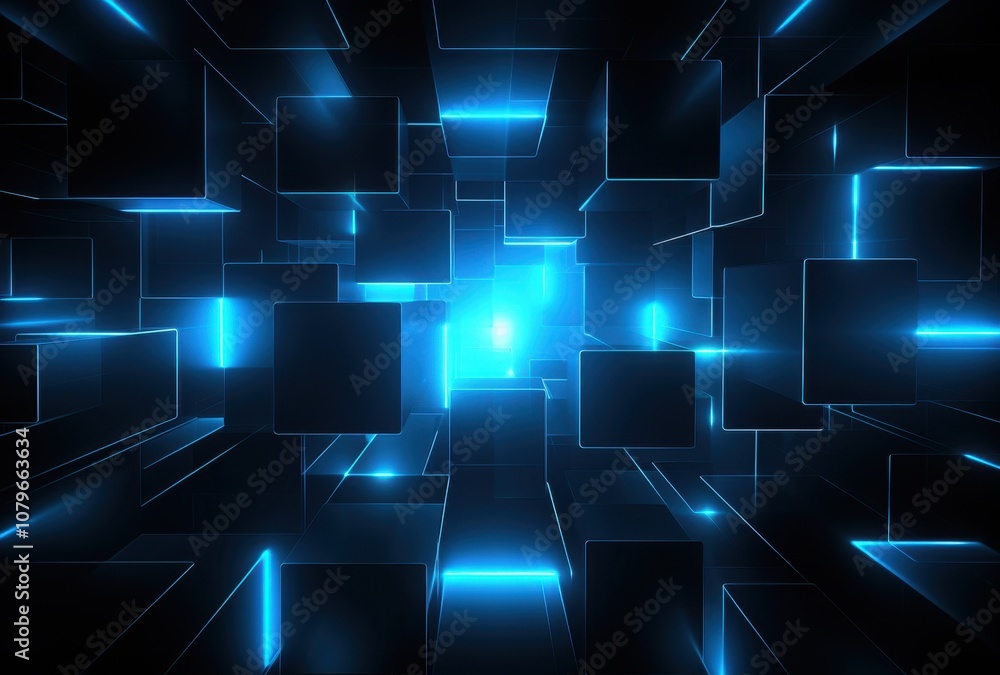 Poster Abstract 3D Cube Structure with Glowing Blue Lines