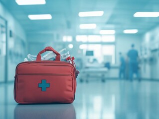First Aid Kit in Hospital Corridor.