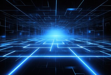 Naklejka premium Abstract digital background with blue neon glowing lines and shapes