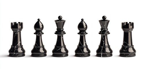 Black chess pieces featuring rooks, bishops, and a queen on a white isolated background.