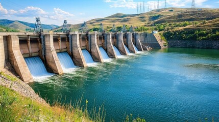 A dam with a hydroelectric power station, showing the infrastructure and turbines