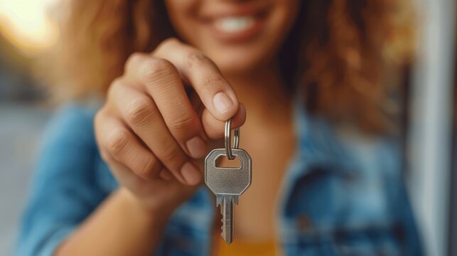 Close Up of Woman Holding House Keys with Real Estate Agent, New Apartment Move In