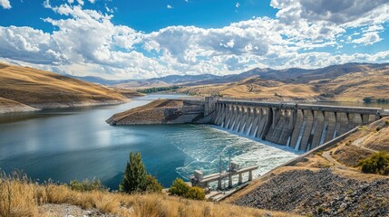 Obraz premium A dam with a hydroelectric power station, showing the infrastructure and turbines