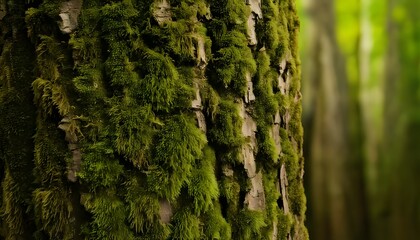 Obraz premium Natural macro shot. Textured moss on bark, rich greens and browns, forest background, 3D illustration.