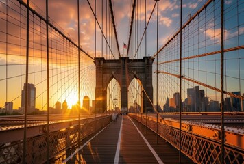 Brooklyn Bridge Walkway at Sunset with Golden Light and City Skyline