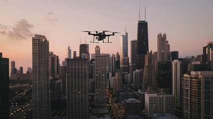 Obraz premium Aerial view of city skyline with drone casting shadow over buildings, empty streets symbolizing state of alert. 