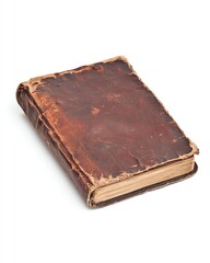 Obraz premium Vintage, worn leather-bound book with aged pages, isolated on a white background.