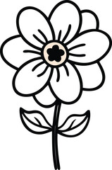 Simple Flower Outline with Center Detail, Black outline illustration of a flower with six rounded petals, a detailed center, and two leaves, showcasing a minimalistic and charming design.
