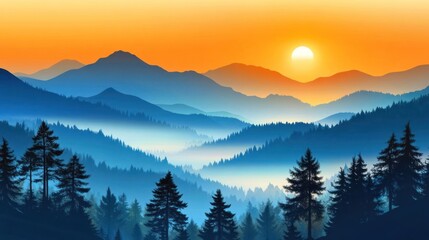 Obraz premium A serene sunset over misty mountains, creating a tranquil and picturesque landscape.