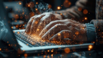 Businessman Typing on Laptop with Digital Network Hologram in Dark Office Background, Business Technology Concept