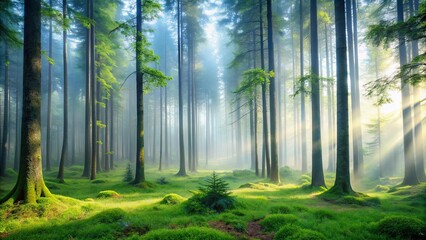 Naklejka premium Golden Light Illuminating a Mystical Forest Landscape with Sunlight Streaks Filtering Through the Mist and Tall Trees