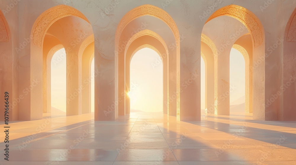 Poster An empty architectural space with a sun-drenched view through arched doorways.