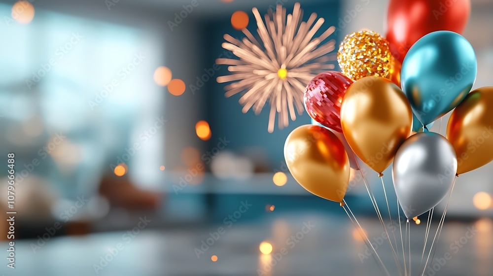 Poster a vibrant and joyous scene with colorful fireworks bursting in the background and an assortment of d