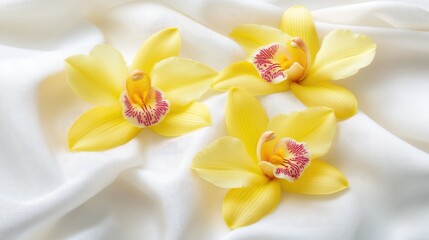 Obraz premium Delicate Yellow Orchid Flowers on Soft White Fabric Creating an Elegant and Serene Background for Floral and Nature Themed Designs and Projects