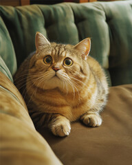 Fluffy Chubby Cat on a Velvet Couch 