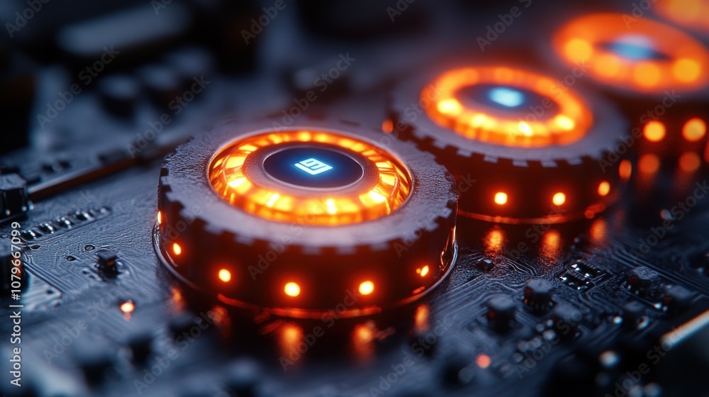 Poster close-up of a futuristic circuit board with glowing components.