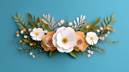Obraz premium Stunning floral arrangement with white peach and yellow flowers and lush greenery displayed against a vibrant blue background The composition has a natural romantic and elegant aesthetic