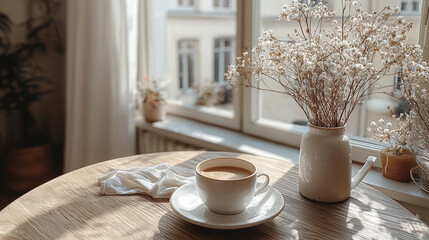 Fototapeta premium Morning Coffee by the Window: Sunlight streams through a window, illuminating a cozy scene with a cup of coffee, dried flowers, and soft textiles. A perfect image for evoking feelings of warmth.