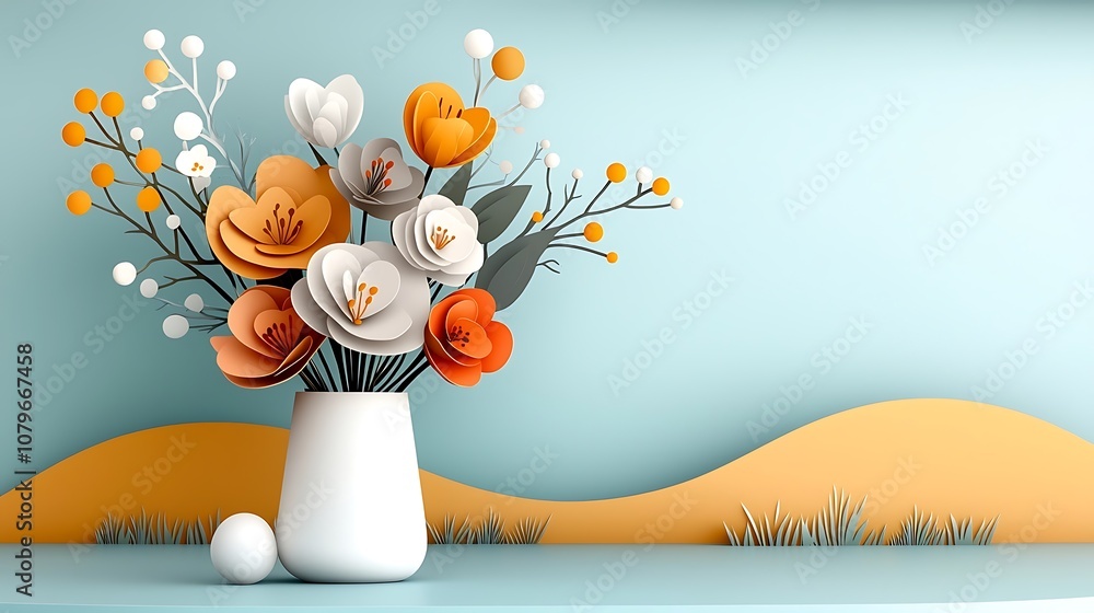 Poster beautifully composed floral bouquet displayed in a simple white vase resting on a minimalist table o