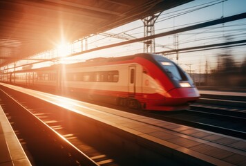 Fototapeta premium Red Train Departing Station Platform at Sunset