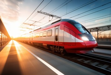 Naklejka premium Red and White High-Speed Train Departing at Sunset