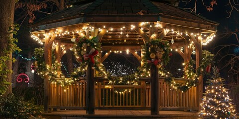 Obraz premium European Park Gazebo Decorated for Christmas with Wreaths and Lights