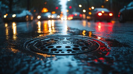 A close-up of a wet sewer grate in the middle of a city street, with blurry traffic lights and cars in the background.
