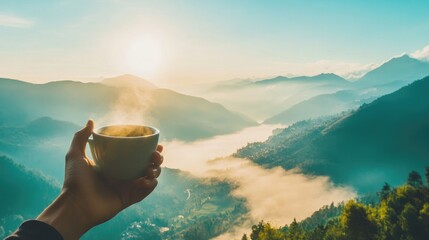 Serene Morning Landscape with Hand Holding Hot Beverage Against Majestic Mountain and Foggy Valley at Sunrise, Inspiring Peace and Connection with Nature