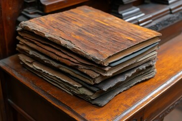 Stack of books with varying textures and worn, frayed edges, arranged neatly on an antique desk