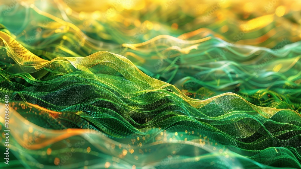 Poster abstract green and gold wavy pattern with glittering texture
