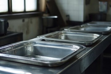 Four stainless steel sinks in a commercial kitchen.