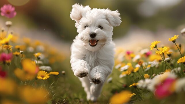 A joyful white Maltese puppy frolics in a sunny meadow