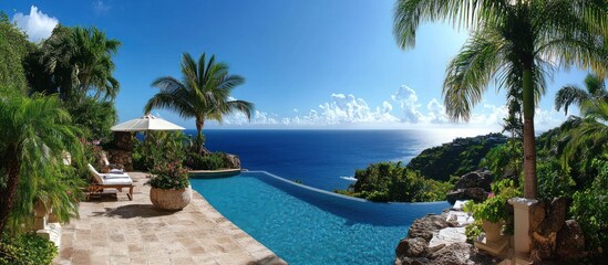 Luxurious villa with a tropical garden, infinity pool, and ocean views, palm trees, 