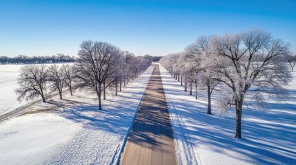 Obraz premium Serene Winter Landscape Featuring Frost-Covered Trees Along a Snowy Road Under a Clear Blue Sky in a Picturesque Rural Setting