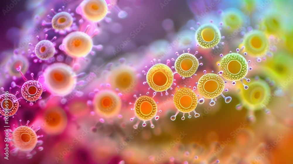 Poster microscopic view of colorful spherical cells with spikes
