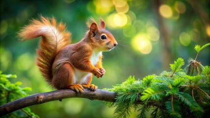Obraz premium Enchanting Tilt-Shift Photography of a Red Squirrel Climbing a Tree in a Lush Forest, Capturing Nature's Beauty and Wildlife in Stunning Detail