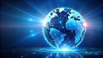 Fototapeta premium A digital globe of the world with interconnected network lines, glowing with vibrant blue hues and a luminous light source radiating outward.