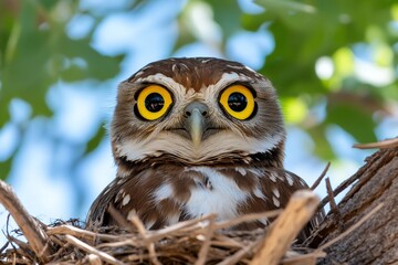 Obraz premium A burrowing owl standing near its nest, with alert eyes and a cautious posture