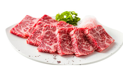 Fototapeta premium Rare sliced wagyu beef on white transparent background 