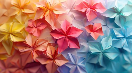 Close-up of Colorful Origami Paper Flowers in a Gradient Pattern