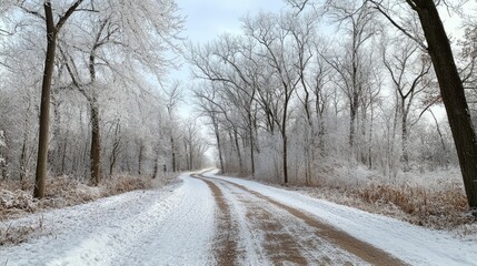 Fototapeta premium Serene Winter Landscape with Frost-Covered Trees and Gravel Pathway in a Tranquil Snowy Environment