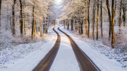 Obraz premium Serene Winter Landscape with Snow-Covered Road Curving Through Trees in a Peaceful Forest Setting on a Bright Day